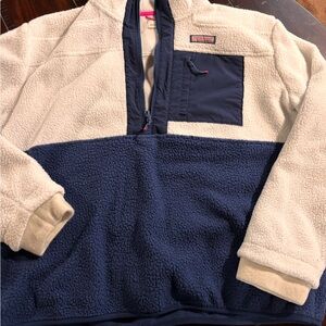 Vineyard Vines Cream and Navy Sherpa Color Blocked SuperShep Half-Zip Pullover